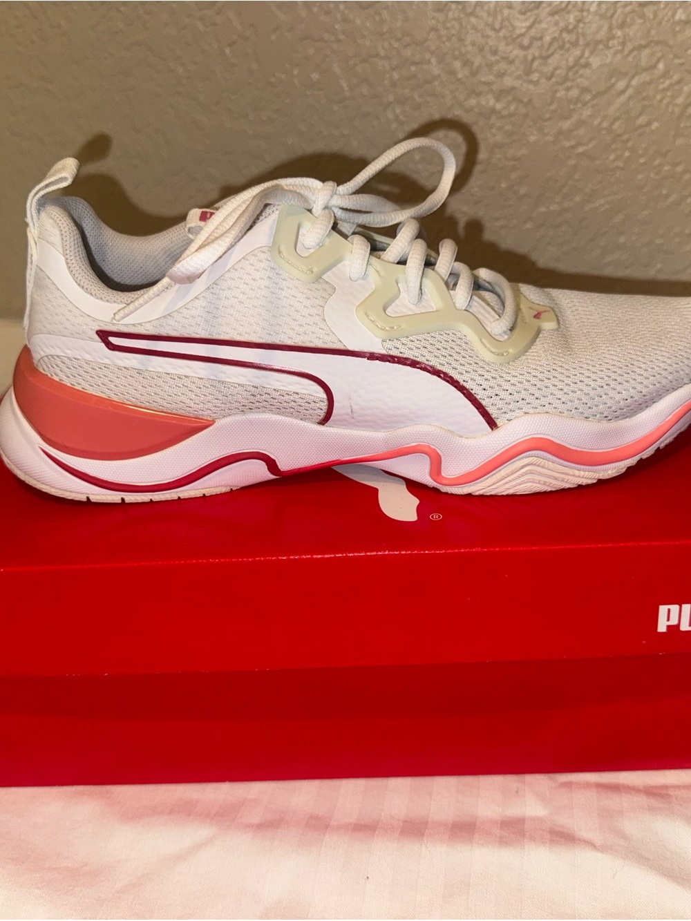Puma Women’s White Sneakers with Pink and Coral Accents